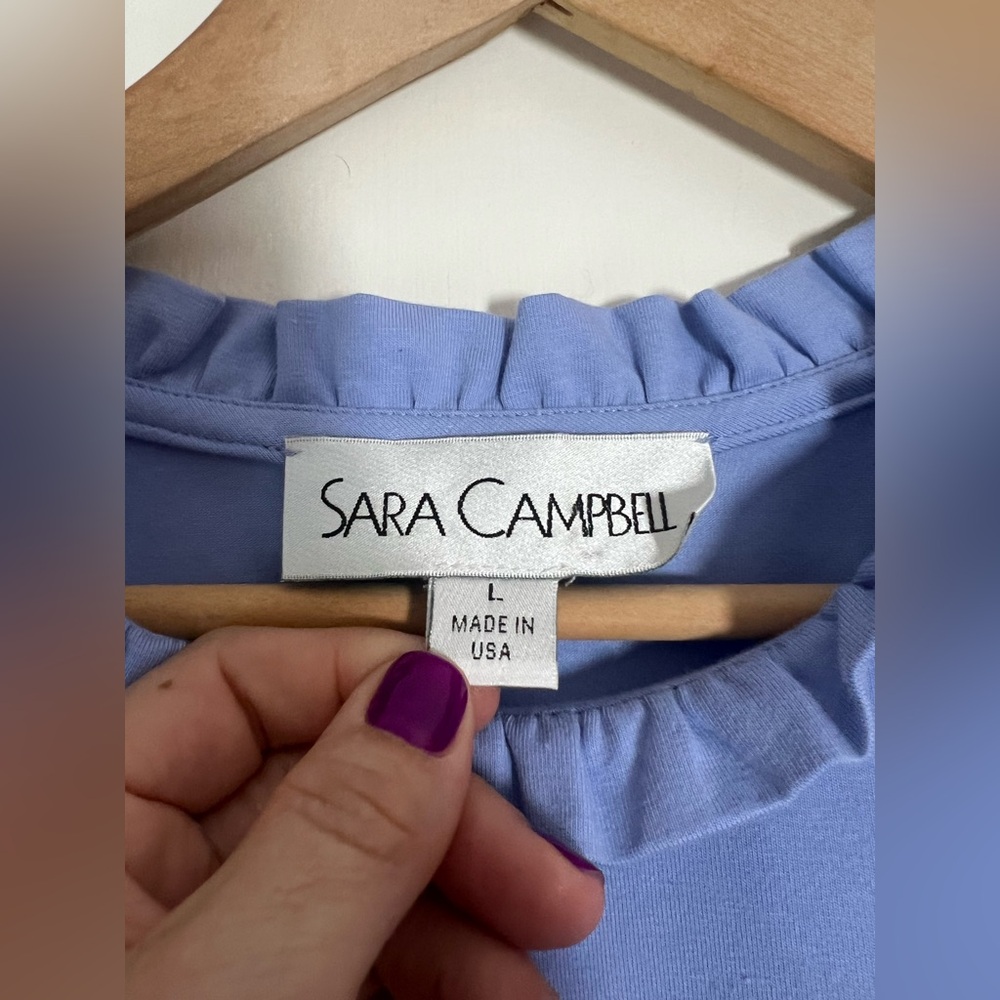 Sara Campbell Ruffle Neck Short Sleeve Blouse Top Periwinkle Lavender Size Large - Picture 3 of 6